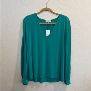 Calvin Klein Teal V-Neck Blouse with Pleated Sleeves